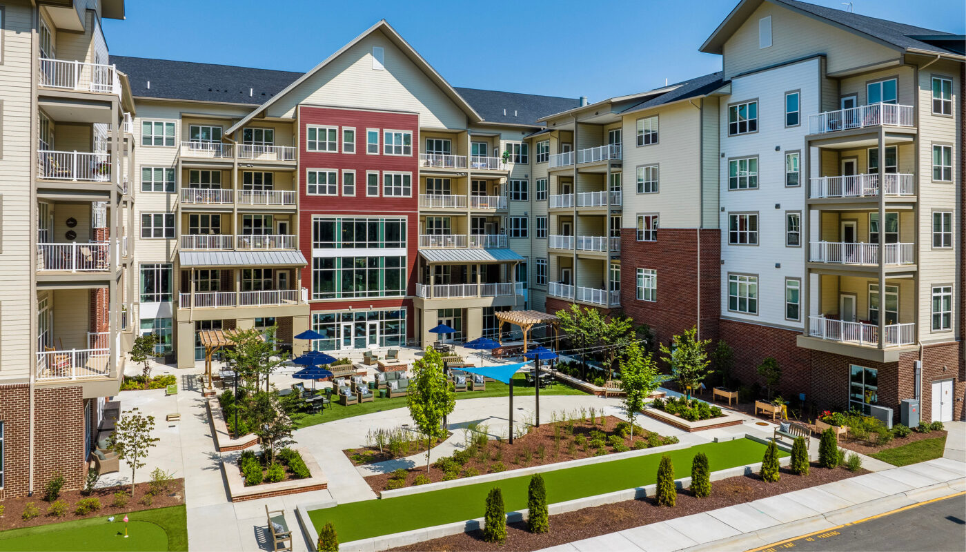 Outdoor gathering space in a senior living community